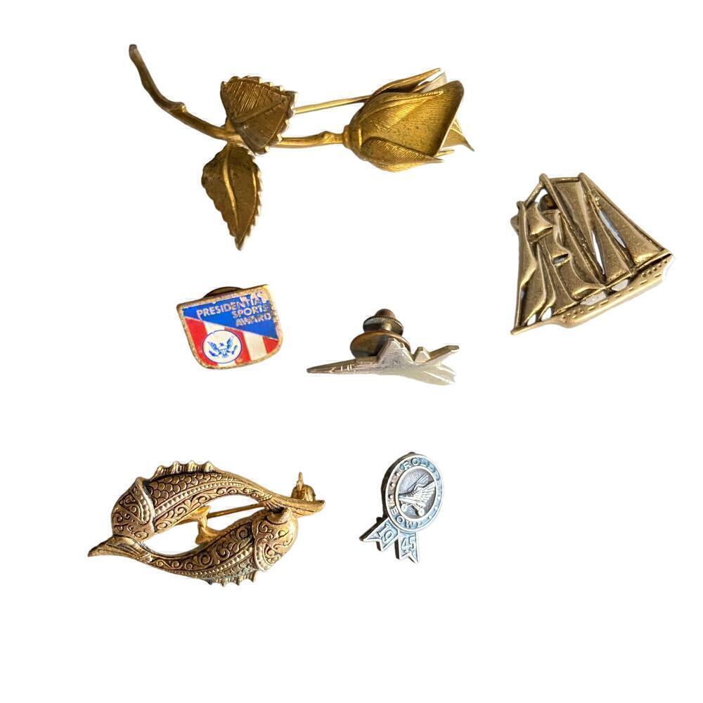 Vintage Brooch Pins Lot with 06 Pins Long Steam Rose , Sailor , Flag